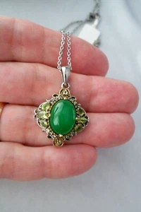 Karis Platinum Bond grün Chalcedon & Peridot filigran Anhänger Halskette - Bild 1 von 12
