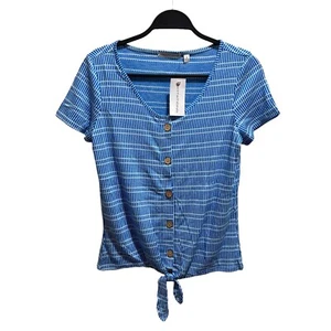 Maglia donna Notations nuova con etichetta taglia S blu a righe bottoni davanti cravatta - Foto 1 di 5