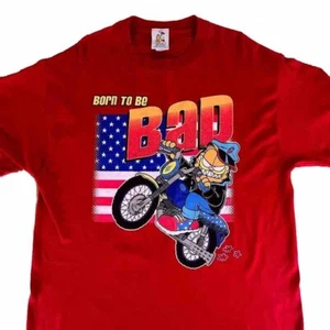 Garfield Vintage Mens Large Red 90s Born to be Bad Biker Mean Motorcycle Shirt - Picture 1 of 7