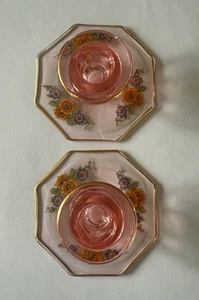 Vtg Pink Depression Glass Candle Stick Holder octagonal base w floral decals - Picture 1 of 4