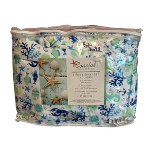 Juego de sábanas con estampado náutico Coastal Collection Ocean Sea Queen cuatro piezas NUEVO EN PAQUETE NUEVO - Imagen 1 de 8