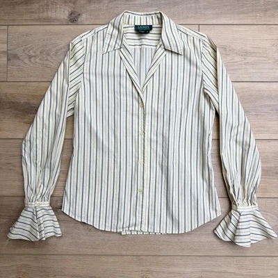 Vintage LRL Ralph Lauren Women's Cream Blue Stripe Button Up Bell Sleeve Blouse - Image 1 of 4