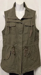 Sebby Green Denim Utility Cargo Vest Sz Large Zip & Snaps Up W/ Drawstring Waist - Picture 1 of 11