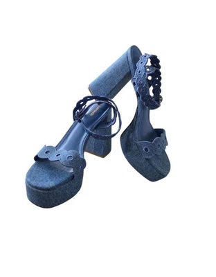 Larroudé Dolly Broderie Sandal Blue Stoned Denim Platform 4.5" Block Heel Sz 11 - Image 1 of 4