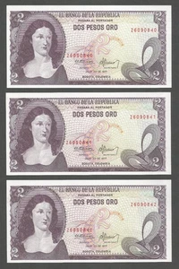 Kolumbien 2 Pesos 20.7.1977; UNC; P-413b; BNB-B948f; Lot von 3 aufeinanderfolgenden Serien # - Bild 1 von 2