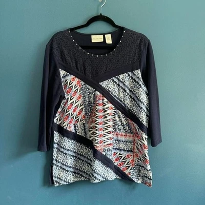 Y2K Alfred Dunner Lace Mix Tee Women's Size Medium Blue Pattern Tribal Boho - Image 1 of 4