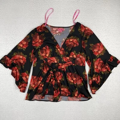 Betsey Johnson 衬衫女式 XL 喇叭袖花卉玫瑰奇思格斯人造裹身上衣 — 第 1/4 张图片