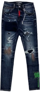 Pantalones de mezclilla ajustados desgastados rasgados con detalle bordado En Noir para hombre - Imagen 1 de 6