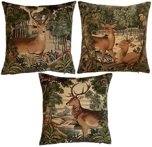 STAG DOE FAWNS SET, DEER IN FOREST BELGIAN TAPESTRY CUSHION COVERS BEIGE REVERSE - Picture 1 of 14