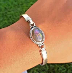 925 Sterling Silver Natural Labradorite Gemstone Handmade Jewelry Cuff Bracelet - Picture 1 of 3