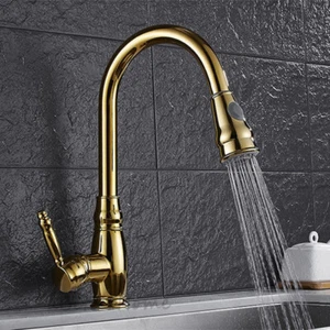 Polished Gold Kitchen Pull Out Spray Sink Faucet One Handle Swivel Mixer Tap - Picture 1 of 4