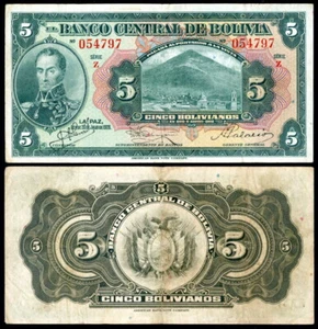 BOLIVIEN P-120 5 BOLIVIANOS L.1928 SIMON BOLIVAR & MOUNTAIN; WAPPEN SEHR SCHÖN! - Bild 1 von 1