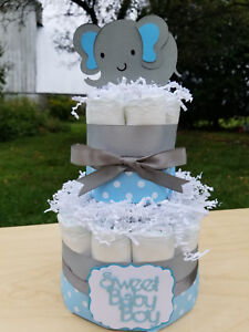 2 Tier Diaper Cake - Blue Elephant Theme Diaper Cake for Baby Boy Shower
