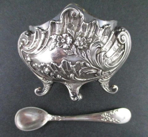 Antique FRENCH Silver OPEN SALT Cellar - Glass Liner, Spoon - Gustave Veyrat Cover