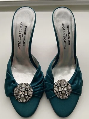 Kenneth Jay Lane Hollywould satin heel crystal accent 37 7 Carrie Bradshaw SATC - Image 1 of 4