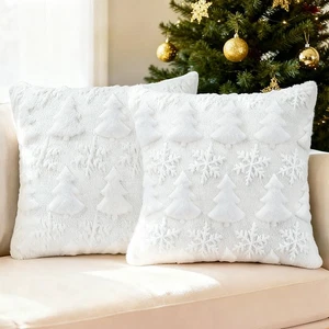 Set of 2 White Christmas Throw Pillow Covers 18x18 Inch,Embroidered Christmas... - Picture 1 of 7