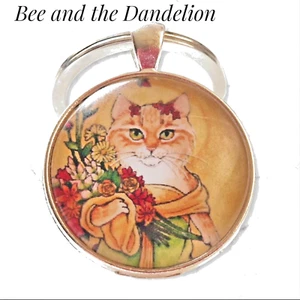 Ginger Cat Dressed In Evening Dress Holding Flowers. Cabochon Glass Keyring - Picture 1 of 4