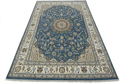 Тонкий ковер Nain 8 футов 10 дюймов x 12 футов 3 дюйма синий шерстяной традиционный восточный ковер ручной вязки - Изображение 1 из 4