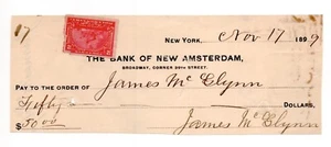 The Bank of New Amsterdam Check $50 # R164 Battleship Stamp Nov 17, 1899 - Picture 1 of 3