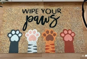 Door Welcome Mat Approx 16"x 24" "Wipe Your Paws" 4 Cat Paws  Outdoor or Indoor - Picture 1 of 3