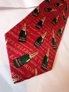 Mag Mouch London 100% Silk Mens Tie Red Let's Celebrate Champagne Retro Design - Picture 1 of 10
