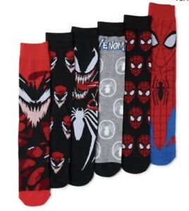 NEW♈Men's 6 pair Casual Crew Socks Fits Shoe 8-12 ~Marvel SPIDERMAN black/red