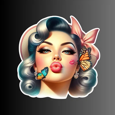 BUMBLEBEE APPAREL Pinup girl sticker vinyl decal woman whimsical seductive blue hair monarch