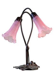 Double Branch Art Deco Tiffany Lily Table Lamp*Pink - Picture 1 of 6