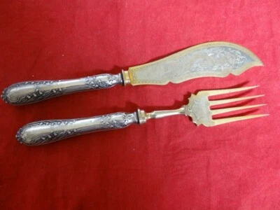 Juego de cuchillos y tenedores de peces muy finos antiguos de plata 800 con detalles de vermeil dorado Foto 1 de 4