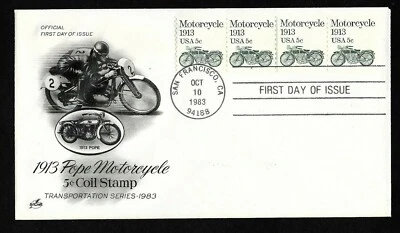 #1899 5c Pope Motorcycle 1913- ArtCraft FDC Plt # 2 Coil (4) with Line Pair - Image 1 of 3