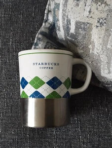Starbucks Coffee 2006 White, Blue & Green Argyle 14 Oz Metal Bottom - Bild 1 von 4