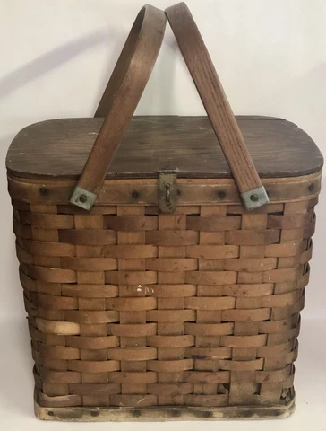 Vintage Primitive METAL LINED SPLIT OAK REFRIGERATOR PICNIC BASKET COOLER HANDLE Cover