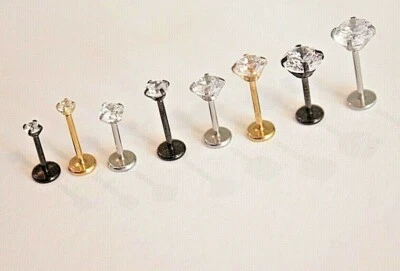 Thin 20g Push Pin Labret Bar CZ Gem Helix Cartilage Earring Stud Monroe Piercing - Image 1 of 4