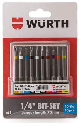 Würth Bit Sortiment 10-teilig Bitset Bitsatz Bits AW Torx Kreuz 70 mm Lang Bits - Bild 1 von 2