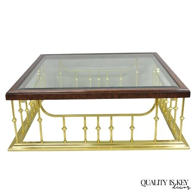 Vintage Erwin Lambeth Burl Walnut Brass Fireplace Fender 42" Square Coffee Table - Image 1 of 4