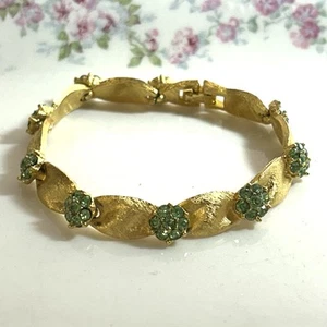 VTG TRIFARI Birthday Ribbon Bracelet Uranium Glass Green Rhinestone Glows!! - Picture 1 of 11