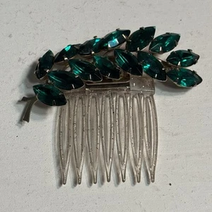 Vintage Emerald Green Rhinestone Silver Tone Hair Comb - Picture 1 of 7