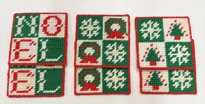Vintage Needlepoint Christmas Plastic Canvas Handmade Coaster Set of 6 Felt Back - Image 1 of 4