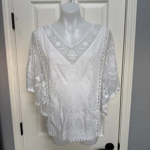 KINDRED Anthropologie Lace White Sheer Embroidered Blouse Boho Cottagecore Sz S - Picture 1 of 9