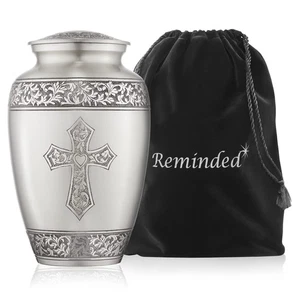 Adult Cremation Memorial Urn for Human Ashes, Pewter Etched Cross Brass Funer... - Bild 1 von 6