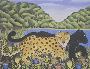 Branko Paradis Ltd Ed Leopard & Black Panther 7/950 Naive Art African Collection - Picture 1 of 7