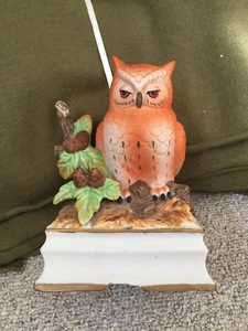 VTG HAND PAINTED ORANGE OWL ON BRANCH MUSIC BOX ROYAL CROWN J BYRON SANYO - Picture 1 of 7