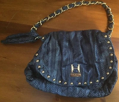 NUEVO H Halston Heritage Bolso de Mano Azul Piel de Serpiente Cuero Repujado Tejido Cadena Correa Foto 1 de 4