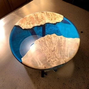 Blue Epoxy Resin Round Coffee Side Table – Modern Accent Table for Living Room - Picture 1 of 13