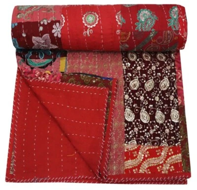Indian Handmade Patchwork Print Kantha Quilt Throw Reversible Cotton Blanket  - Image 1 of 4