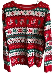 Cat & Jack Pajama Top Knit Girls 10 Long Sleeve Winter Fox Red/Green Christmas - Picture 1 of 7