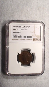 1843 Great Britain 1/4 Penny NGC XF40 BN RARE ARABIC 1  IN DATE 1/4P Coin! - Picture 1 of 4