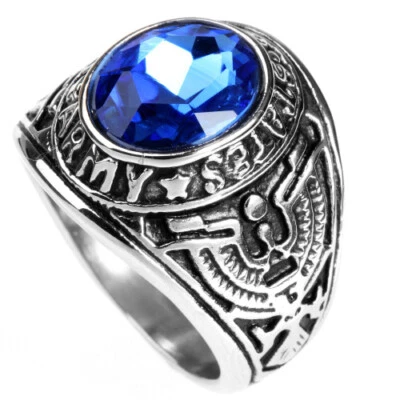 Vintage Blue CZ America Eagle US Army Ring Stainless Steel Army Veteran Ring - Image 1 of 2