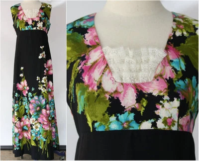 Gorgeous Vintage Black Floral Empire Long Boho Maxi Dress Sleeveless Sz M - Image 1 of 4