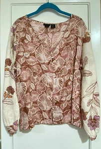 Tahari Women Size L Pink Mixed Print Floral 100% Linen Button Long Sleeve Blouse - Picture 1 of 5